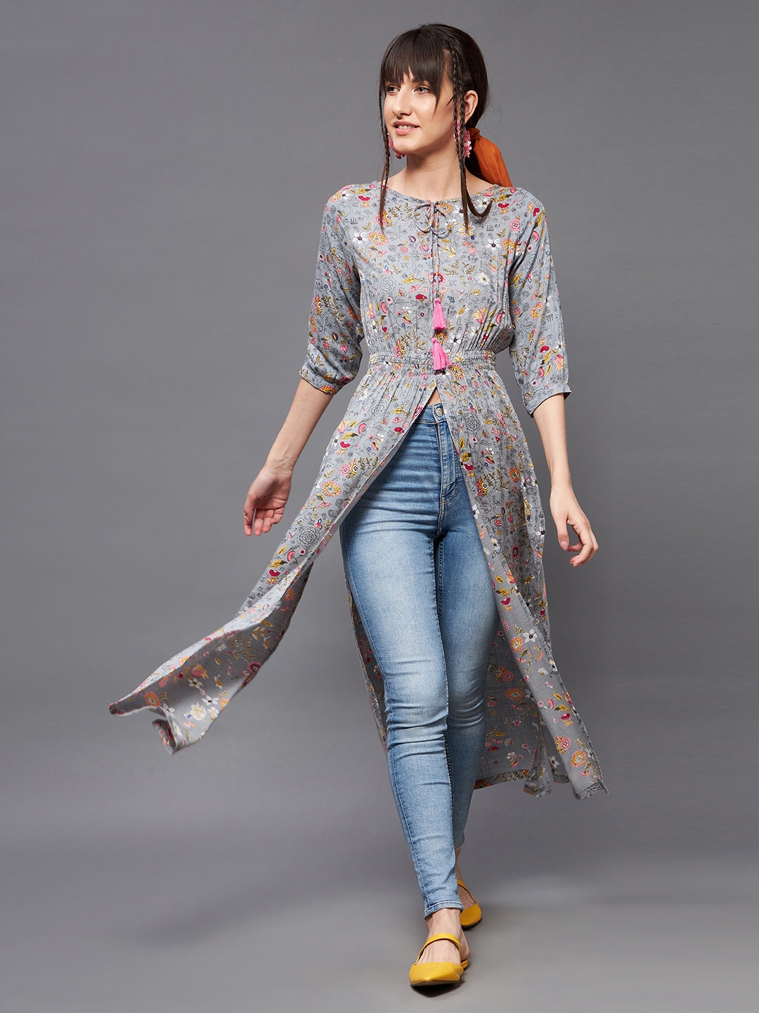 Multicolored-Base-Grey Round neck 3/4th Sleeve Floral Elasticated Maxi Top