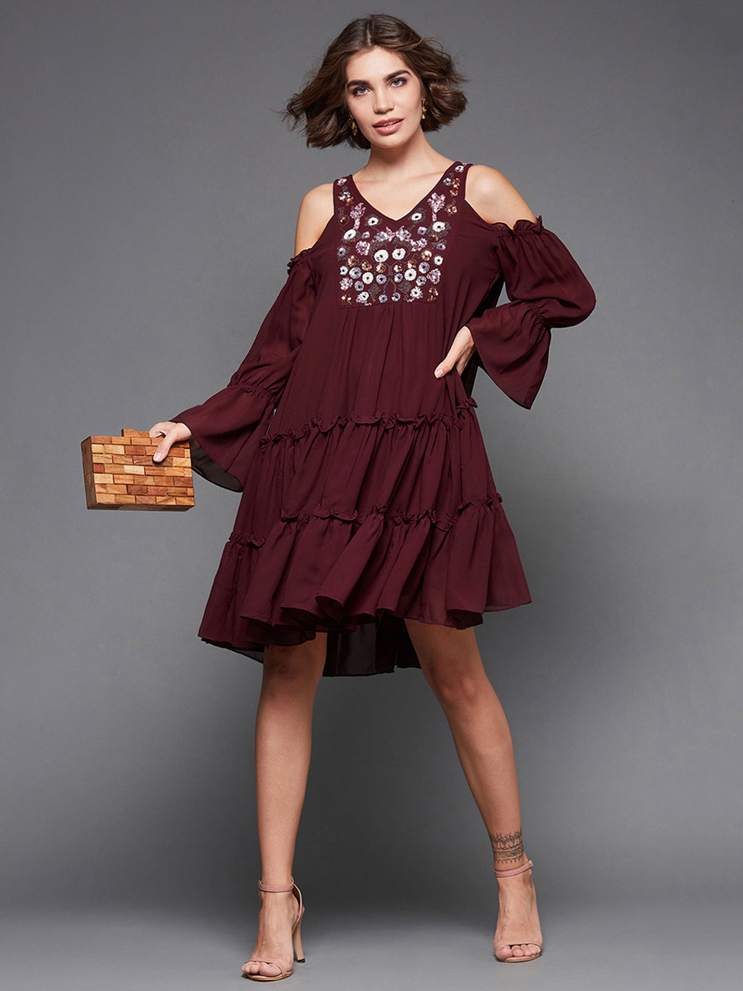 Wine V-neck Cold Shoulder Solid Embellished Knee Length Dress