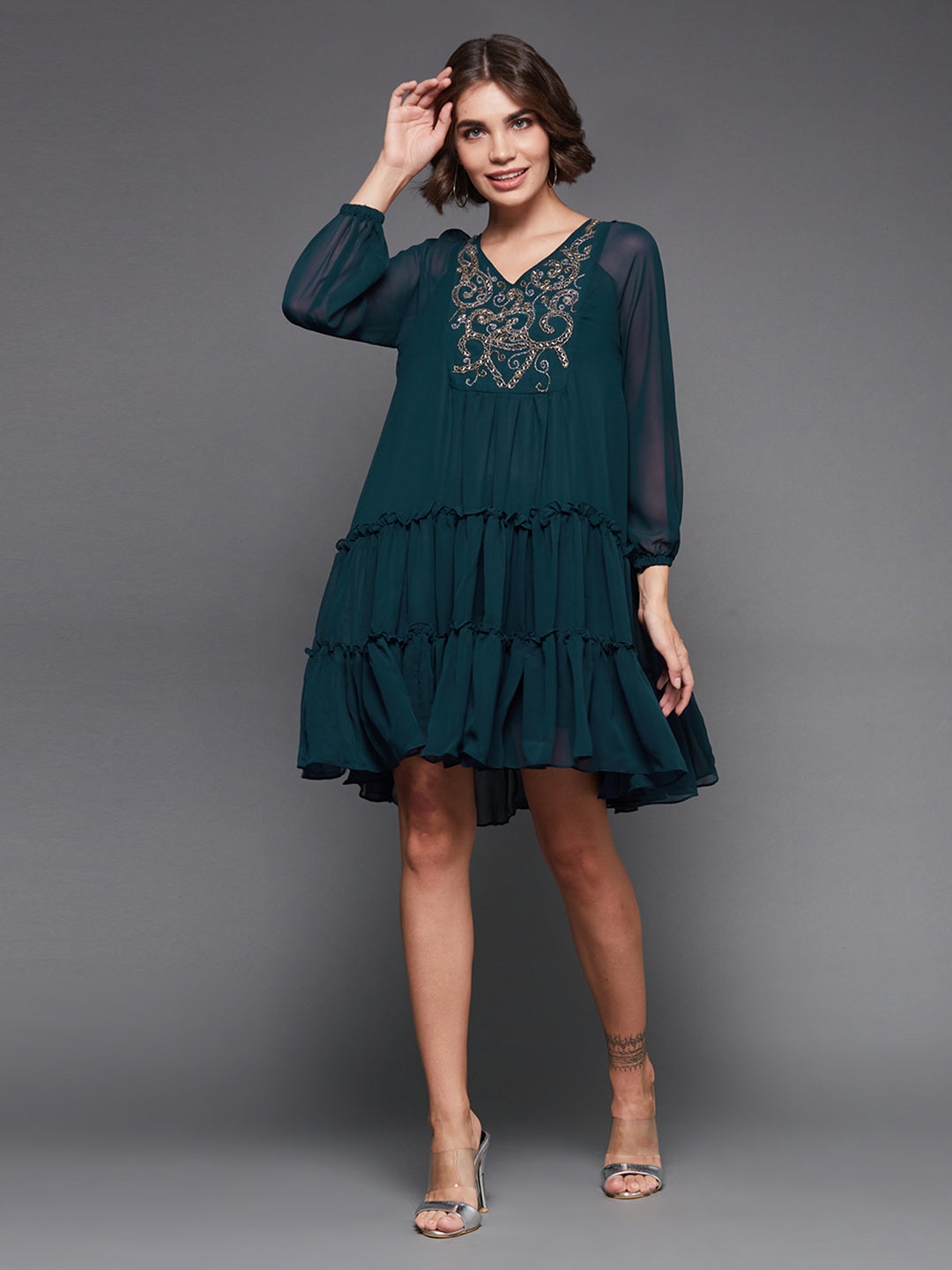 MISS CHASE | Teal V-neck Full Sleeve Solid Embellished Knee Length Dress