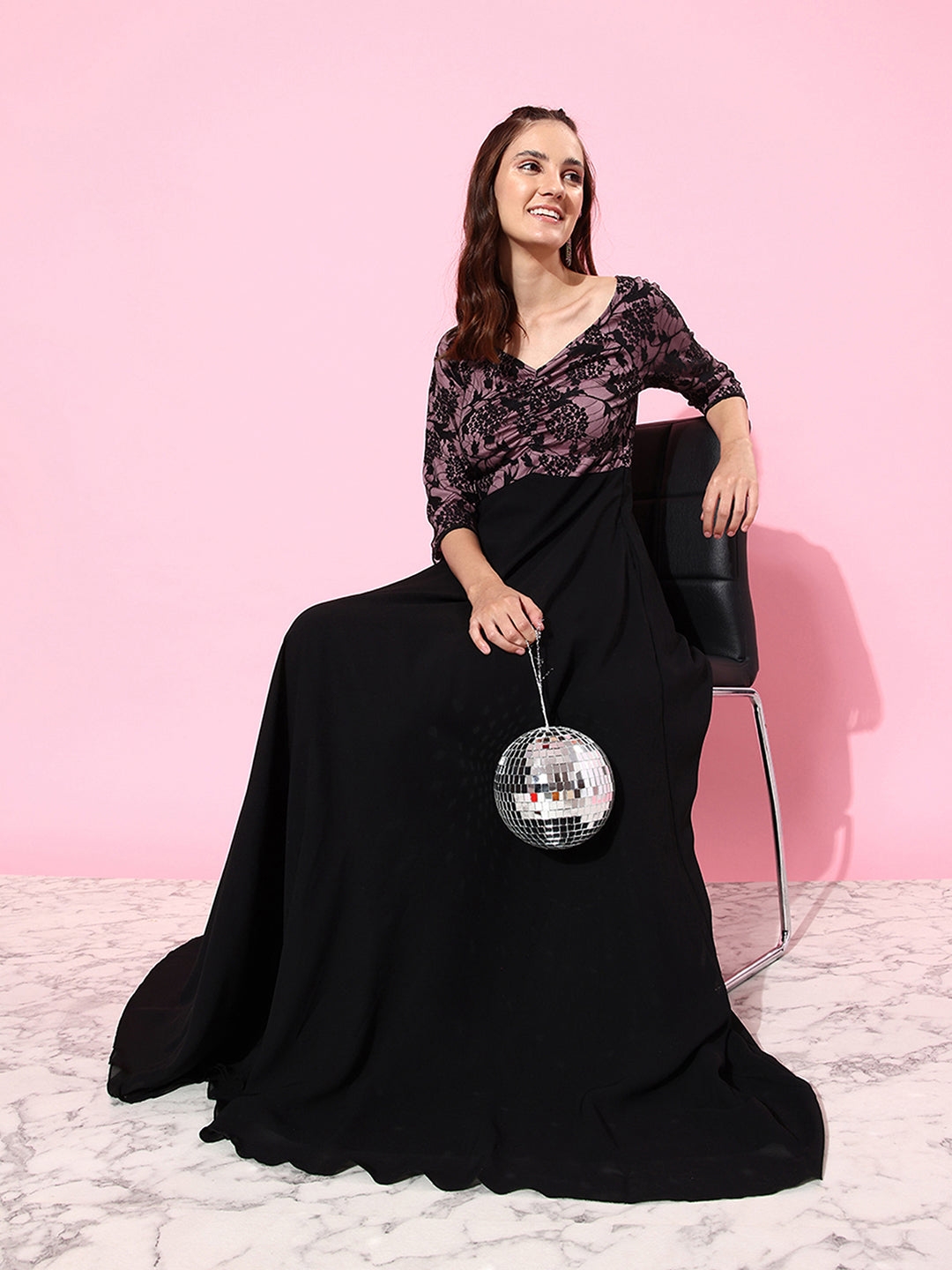 Women's Black Georgette SolidEveningwear Fit & Flare Dress