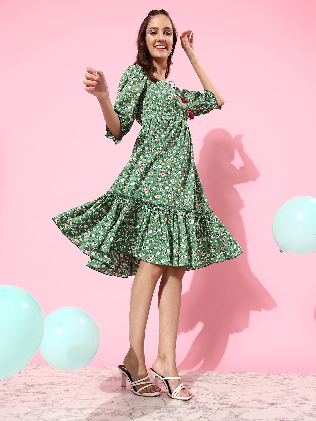 Green Floral Square Neck 3/4 Sleeve Viscose Rayon Ruffled Knee Length Dress