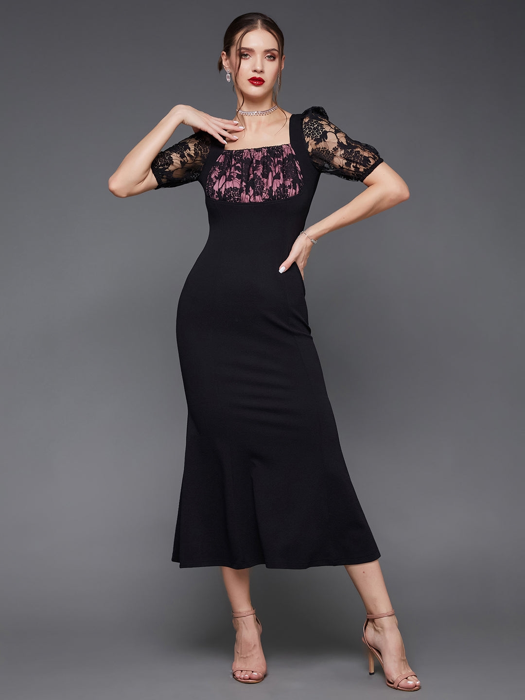 MISS CHASE | Black Square Puff Sleeve Solid Lace Overlaid Ankle Length Dress
