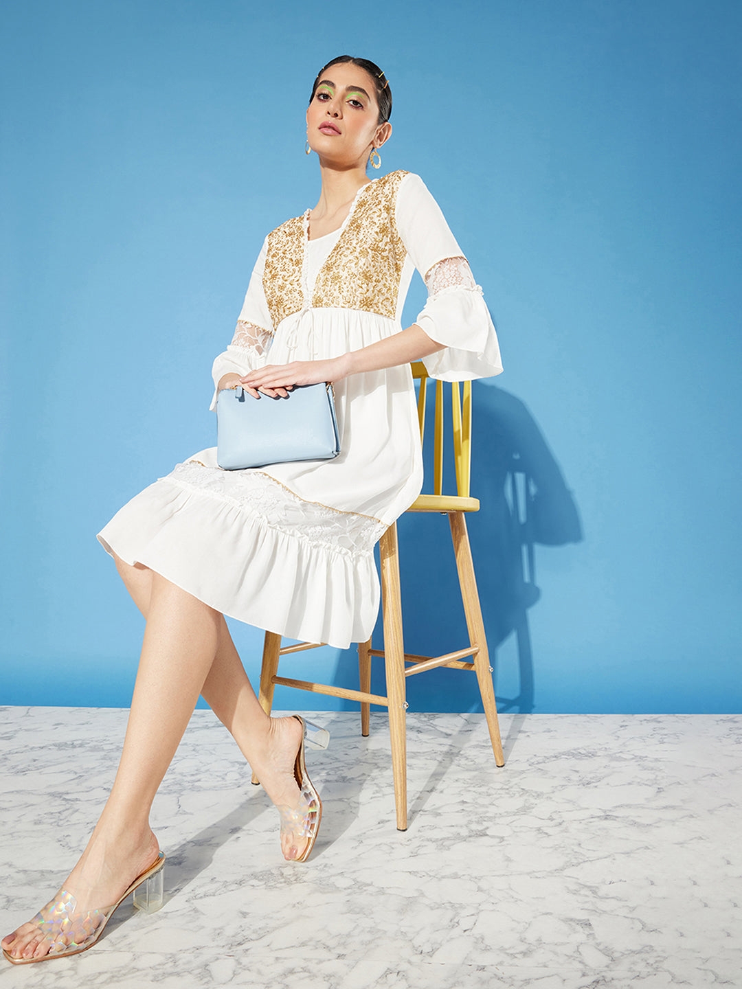 MISS CHASE | Off-White Square Neck Ruffled Sleeve Viscose Rayon Embroidered Jacket Paneled Midi Dress