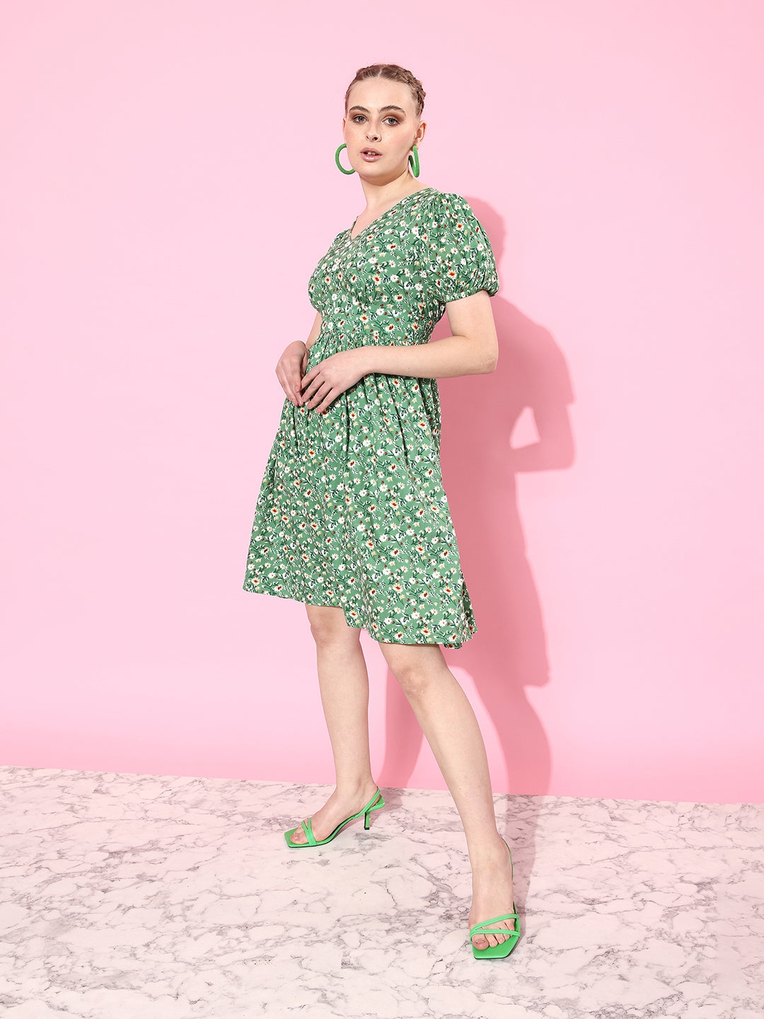 Multicolored-Base-Green V Neckline Short Sleeve Viscose Rayon Floral Fit & Flare Midi Dress