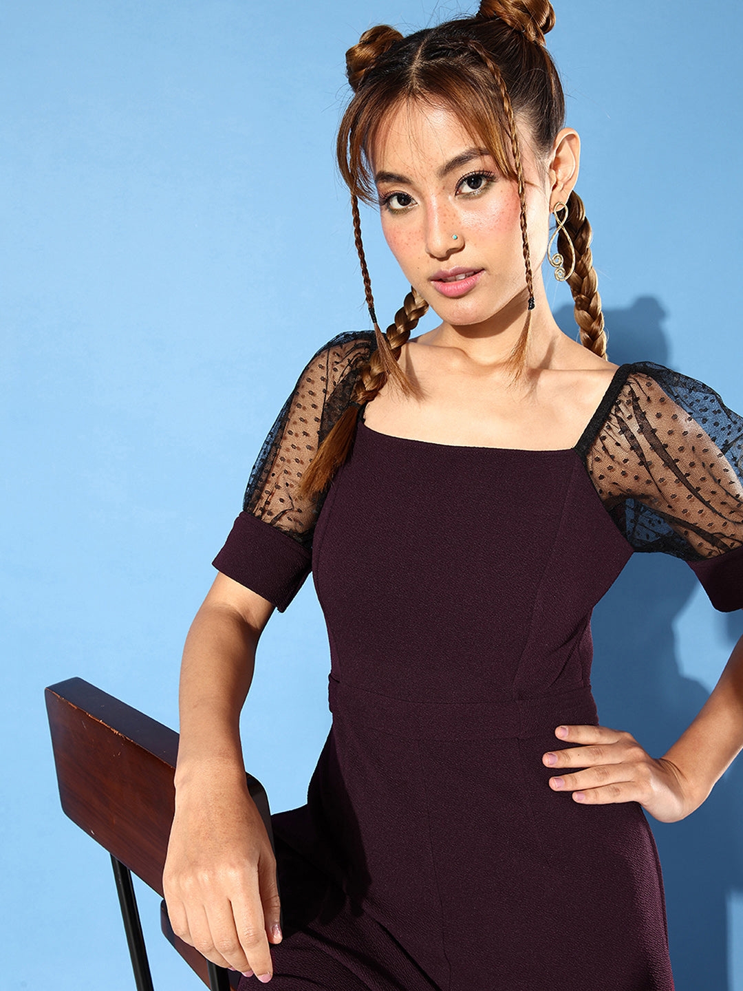 MISS CHASE | Dark Purple & Black Solid Straight Leg Square Neck Half Sleeve Relaxed Fit Jumpsuit