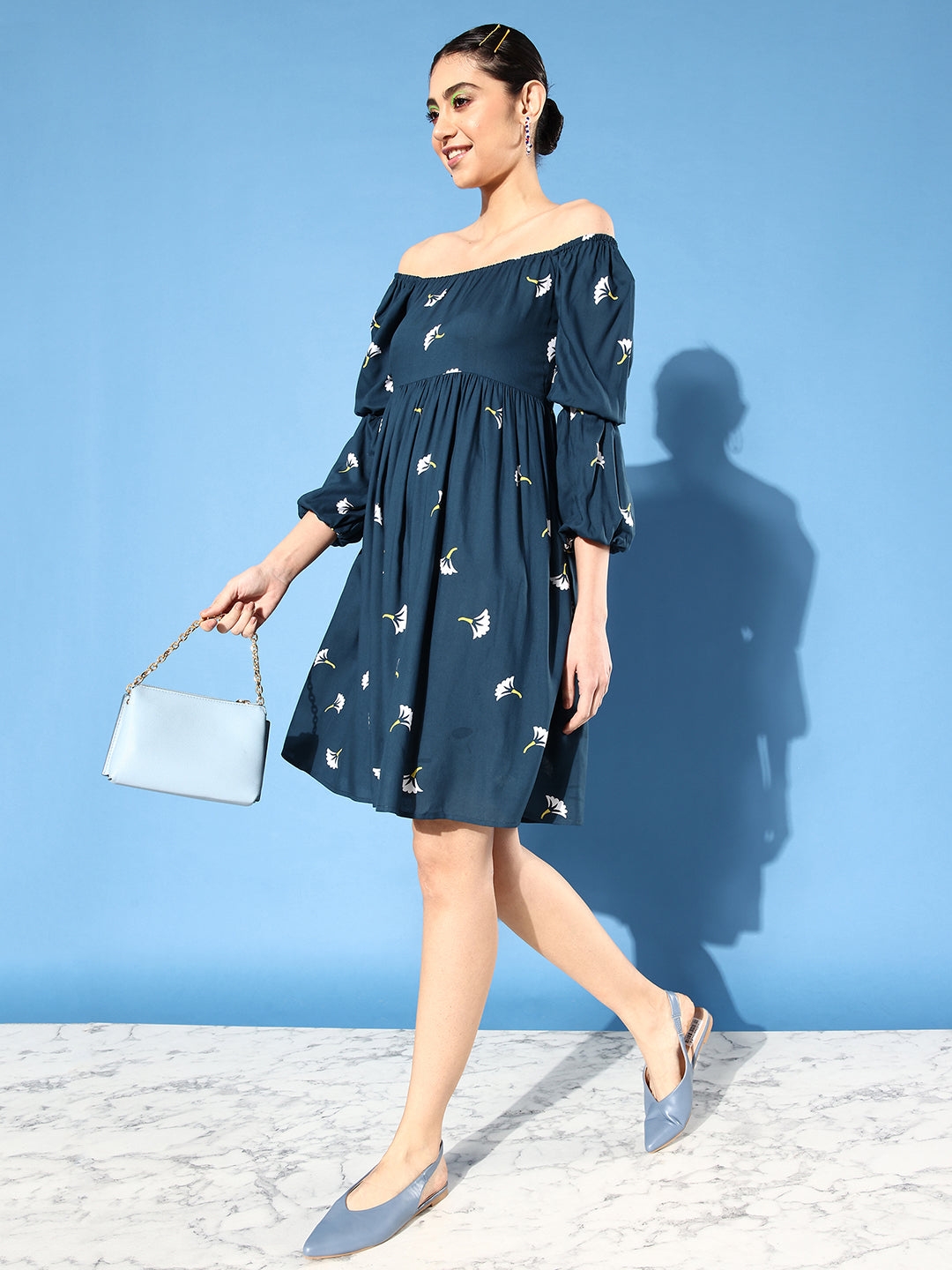 Women's Blue Viscose Rayon Casualwear Fit & Flare Dress