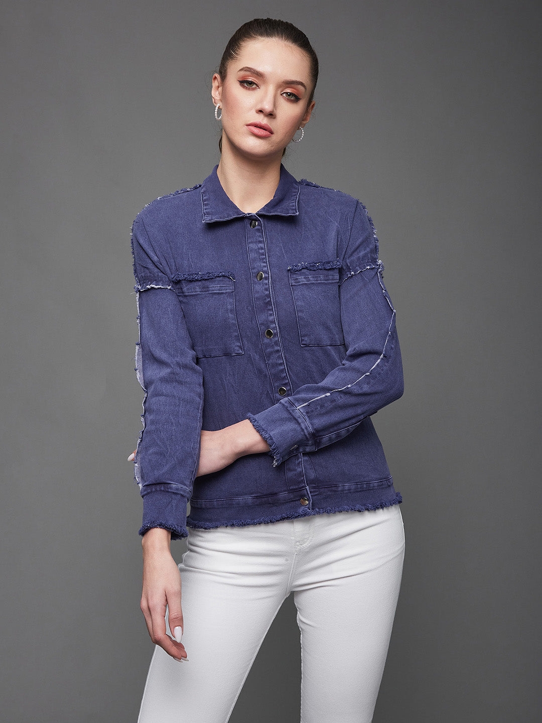 MISS CHASE | Blue-Colored Polo-Neck Full-Sleeve Solid Bomber Regular-Length Jacket