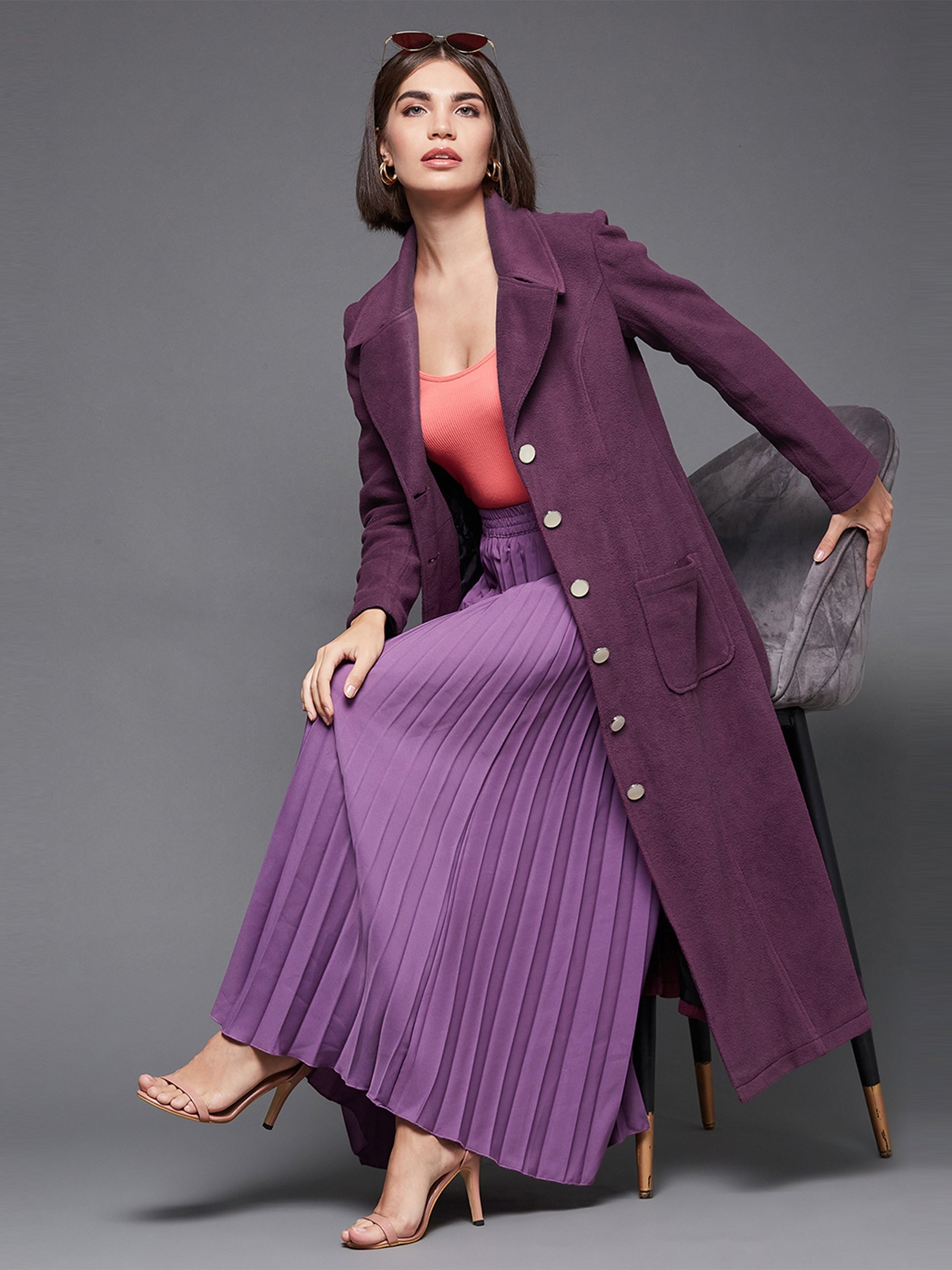 MISS CHASE | Dark Mauve Solid V-Neck Full Sleeves Patched Pocket Polyester Button Down Longline Jacket