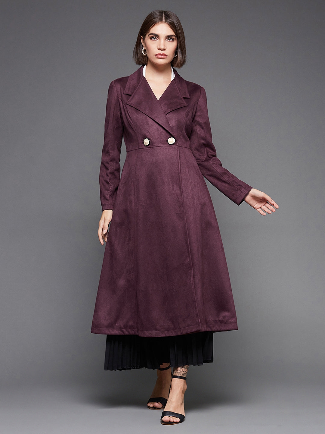MISS CHASE | Wine Solid V-Neck Full Sleeves Side Pocketed Polyester Double Breasted Longline Jacket
