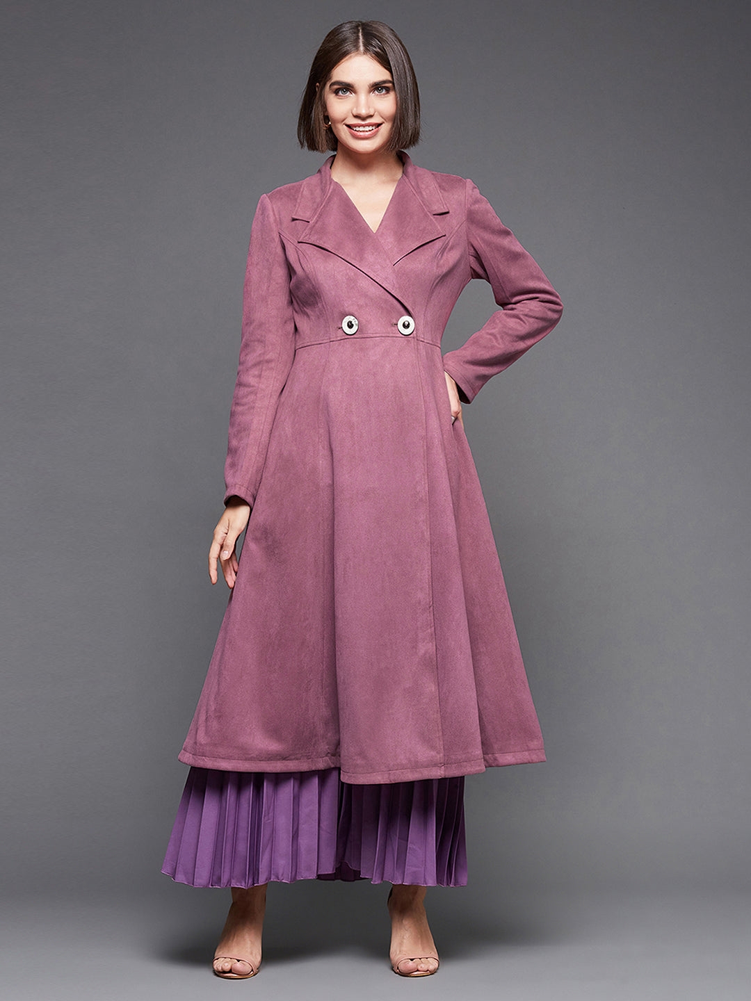 MISS CHASE | Mauve Solid V-Neck Full Sleeves Side Pocketed Polyester Double Breasted Longline Jacket