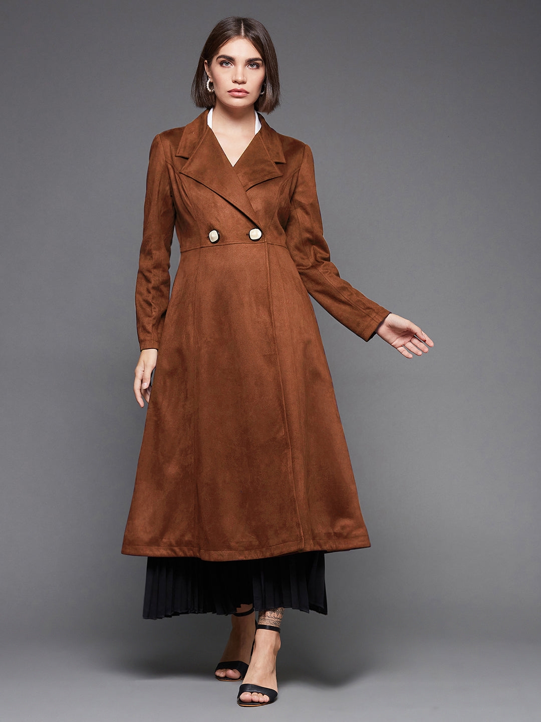 MISS CHASE | Brown Solid V-Neck Full Sleeves Side Pocketed Polyester Double Breasted Longline Jacket