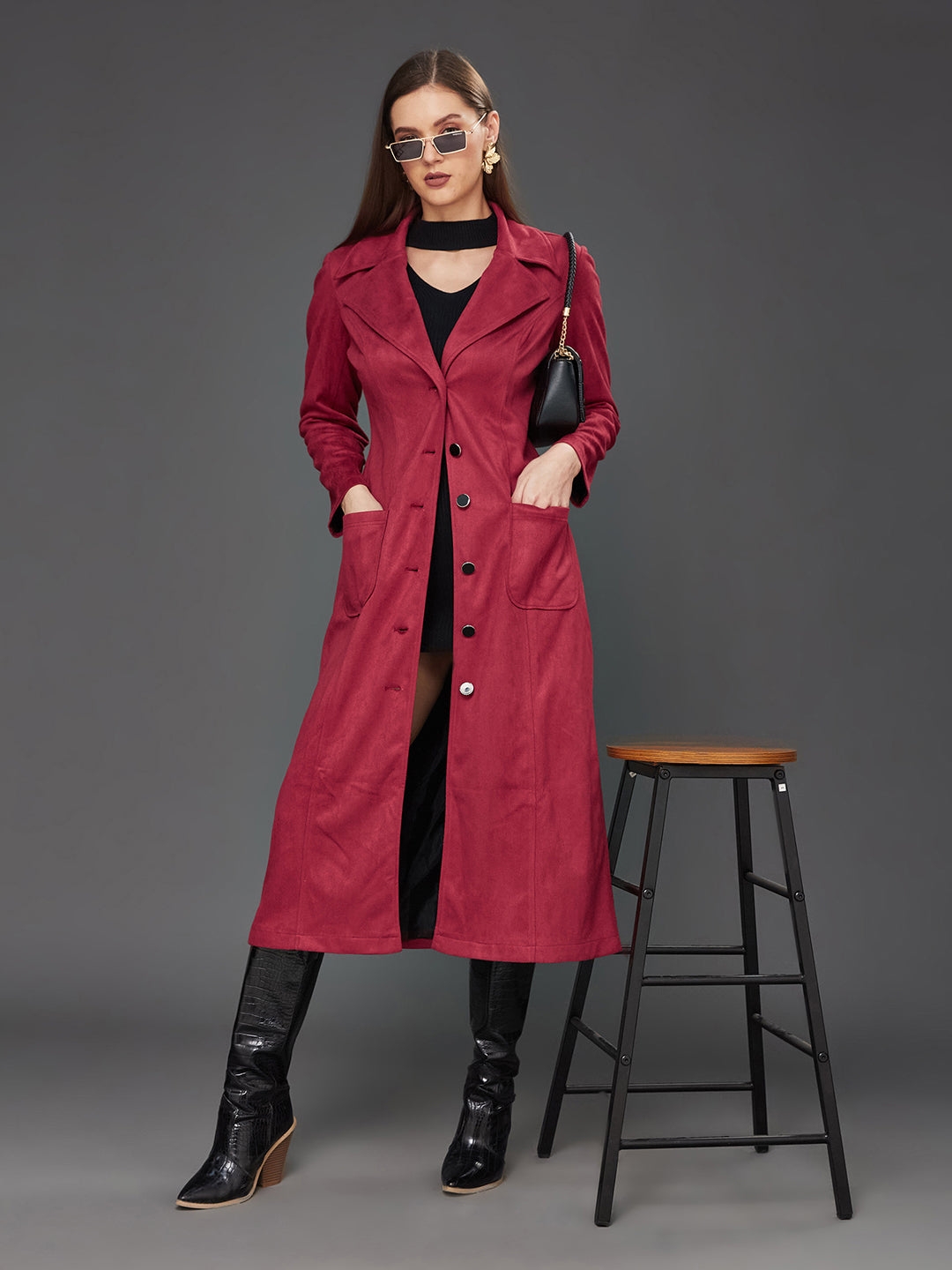 Dark Red Solid V-Neck Full Sleeves Patched Pocketed Polyester Button Down Longline Winter Wear Jacket