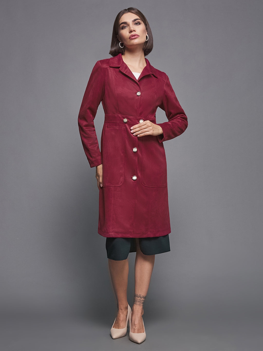 MISS CHASE | Dark Red Solid Shirt Collar Full Sleeves Patched Pocketed Polyester Button Down Longline Jacket