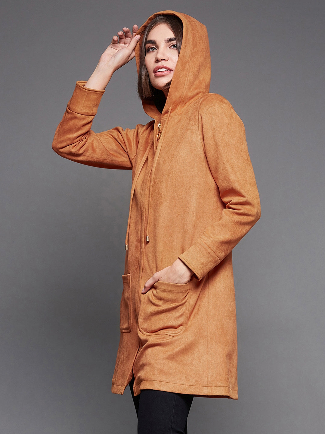 MISS CHASE | Burnt Orange Solid Hooded Neck Full Sleeves Casual Winter Wear Polyester High Low Longline Jacket