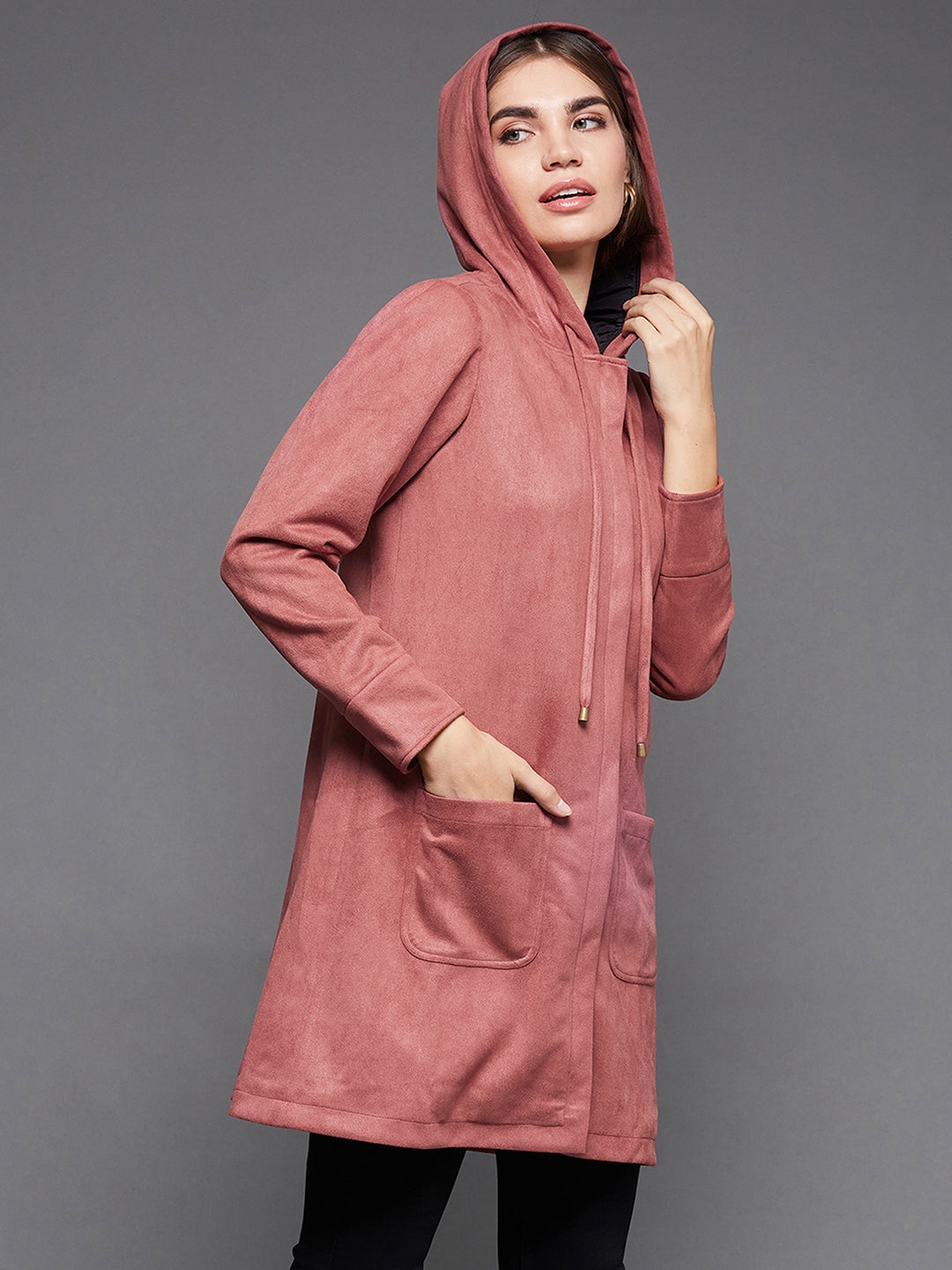 MISS CHASE | Dark Peach Solid Hooded Neck Full Sleeves Casual Winter Wear Polyester High Low Longline Jacket