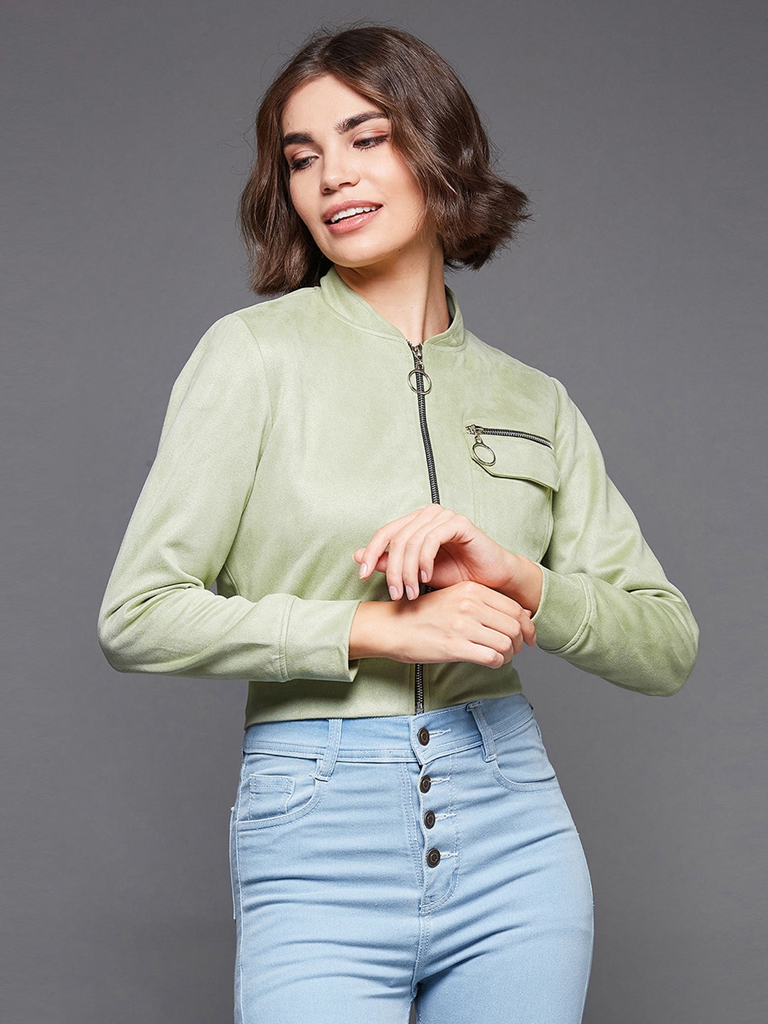 Light Green Mandarin Collar Full-Sleeve Solid Crop Polyester Jacket