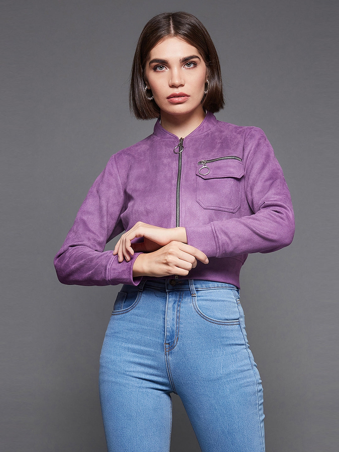 MISS CHASE | Dark Lavender Mandarin Collar Full-Sleeve Solid Crop Polyester Jacket