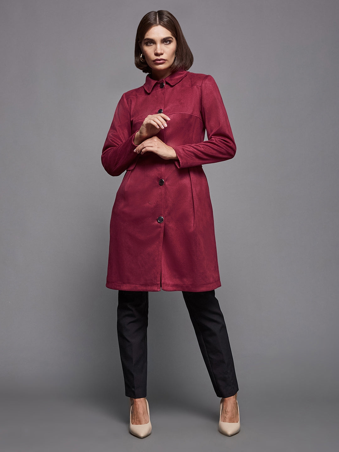 MISS CHASE | Dark Red Shirt Collar Full-Sleeve Solid Knee-Long Polyester Jacket
