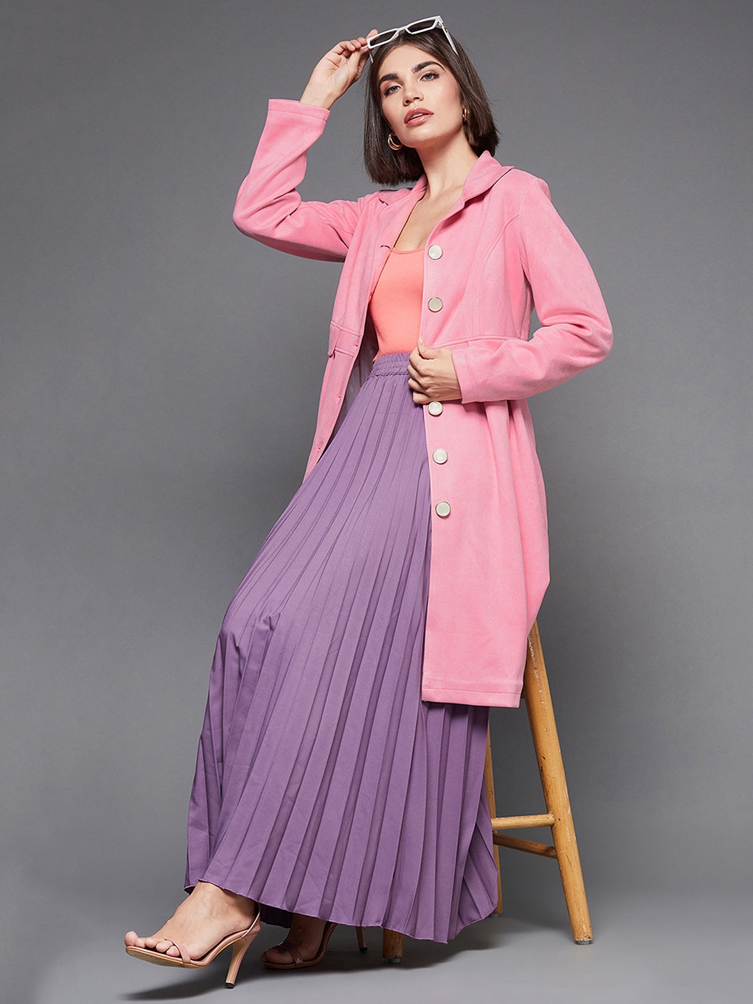 MISS CHASE | Light Pink Notch Full-Sleeve Solid Longline Flared Knee-Long Polyester Jacket