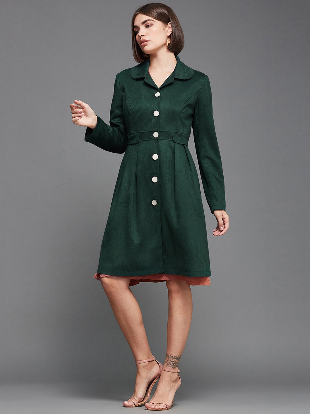 MISS CHASE | Dark Green Notch Full-Sleeve Solid Longline Flared Knee-Long Polyester Jacket