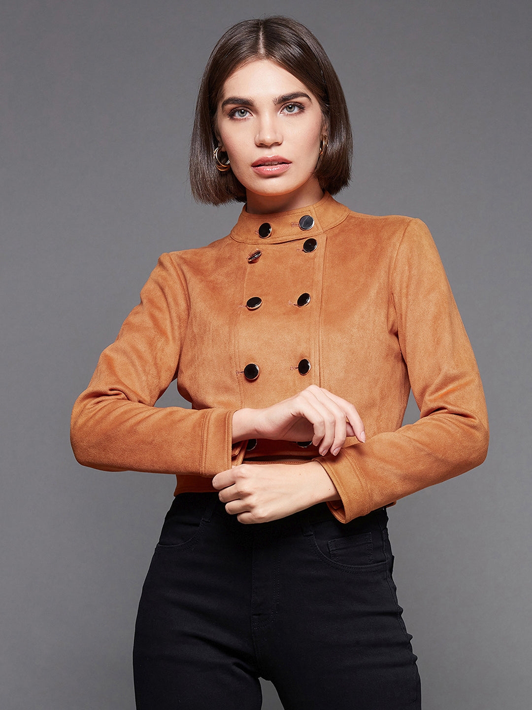 Burnt Orange Mandarin Collar Full-Sleeve Solid Double Breasted Cropped Polyester Jacket