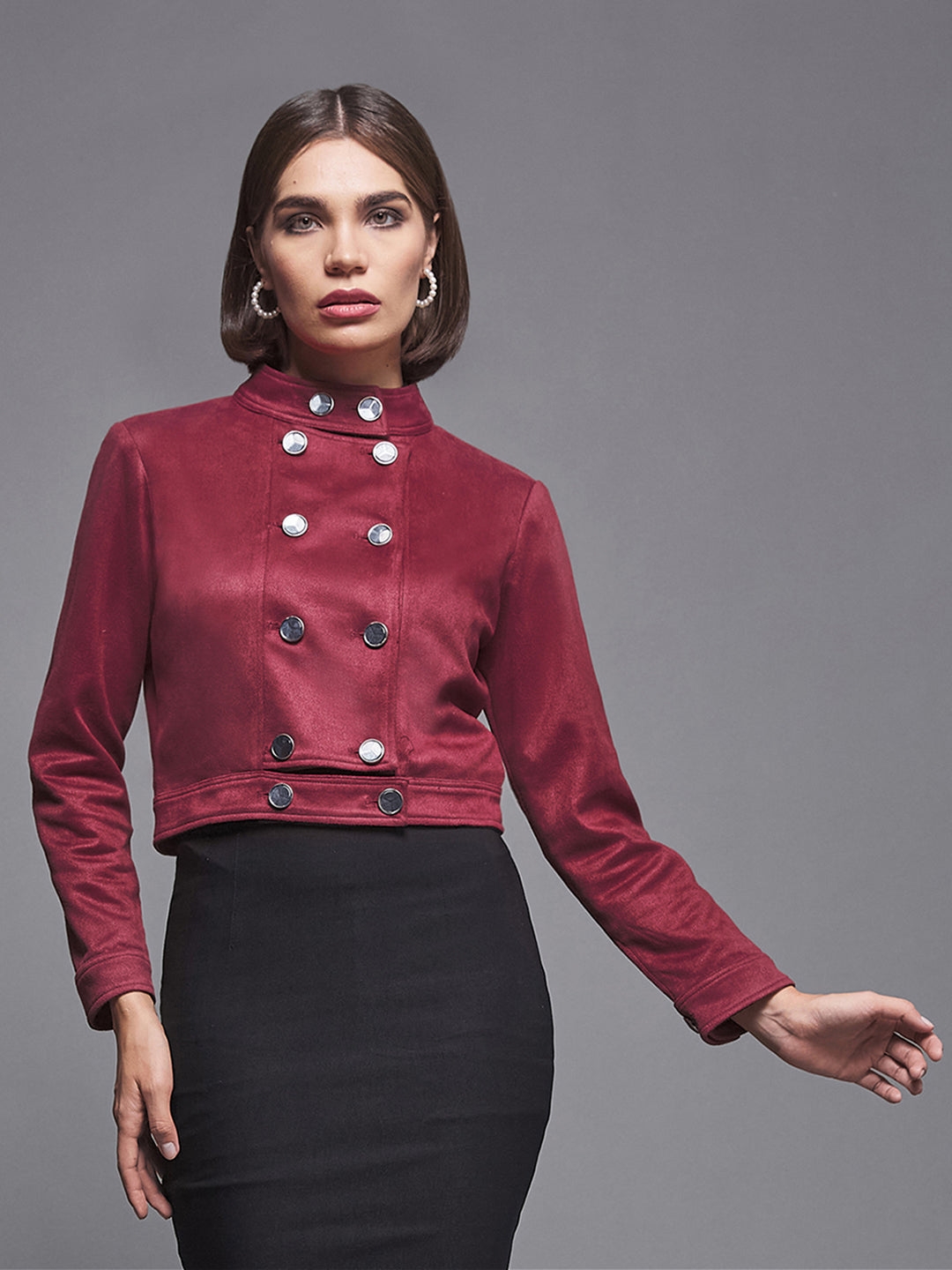 Dark Red Mandarin Collar Full-Sleeve Solid Double Breasted Cropped Polyester Jacket