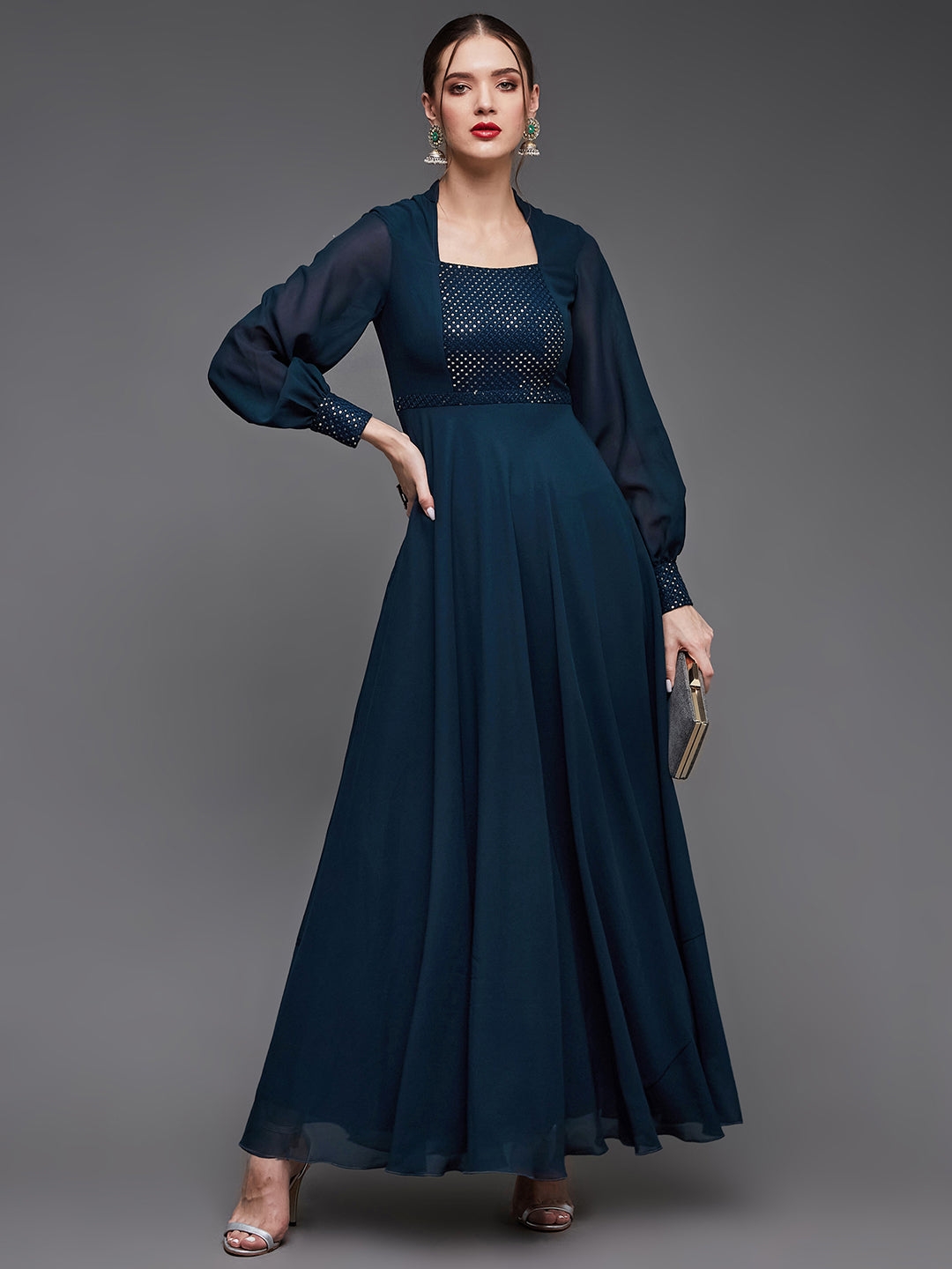 Women's Blue Georgette EmbellishedEveningwear Maxi Dress