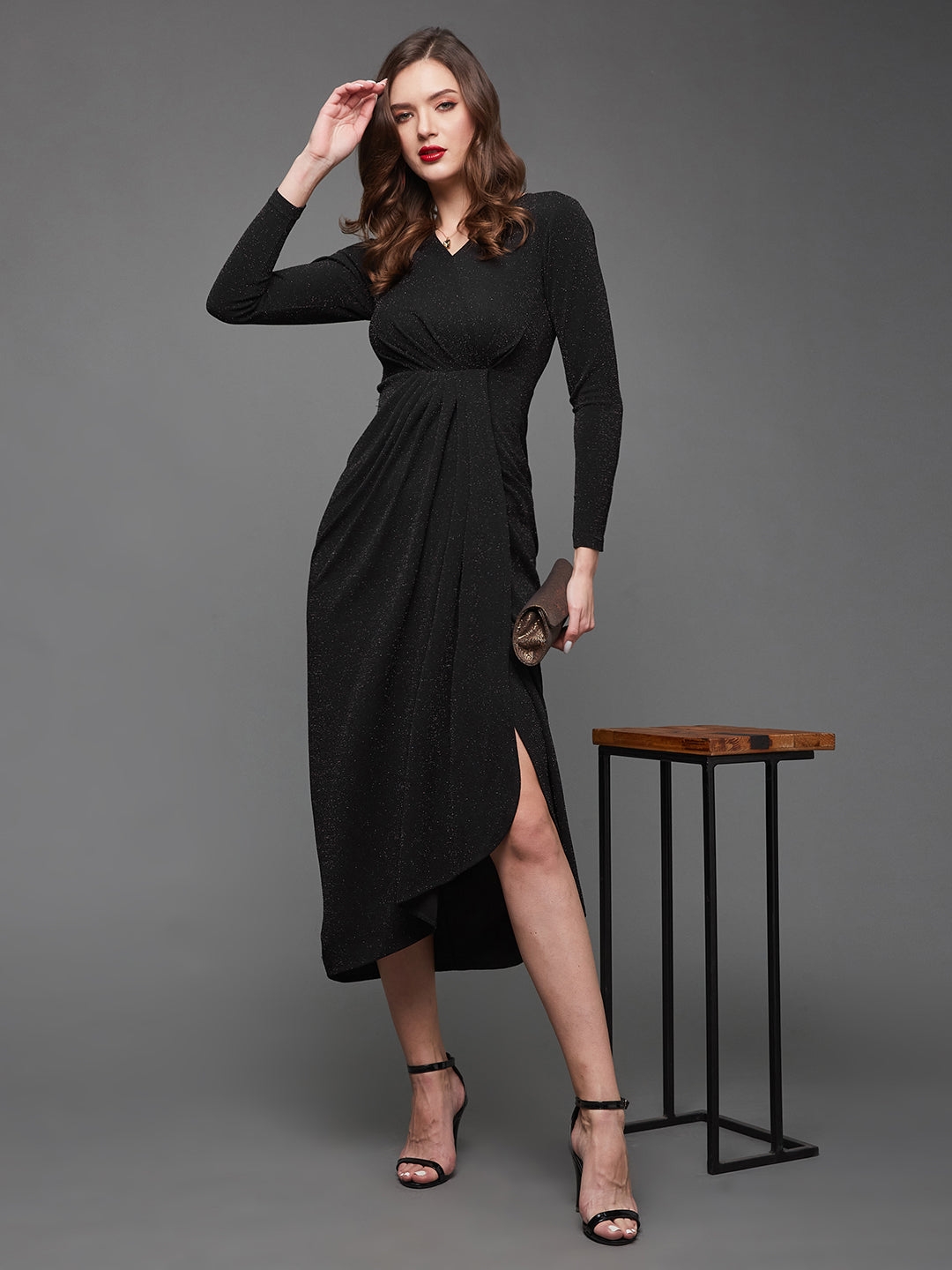 Black V-Neck Full Sleeve Self Design Wrap Polyester Midi Dress