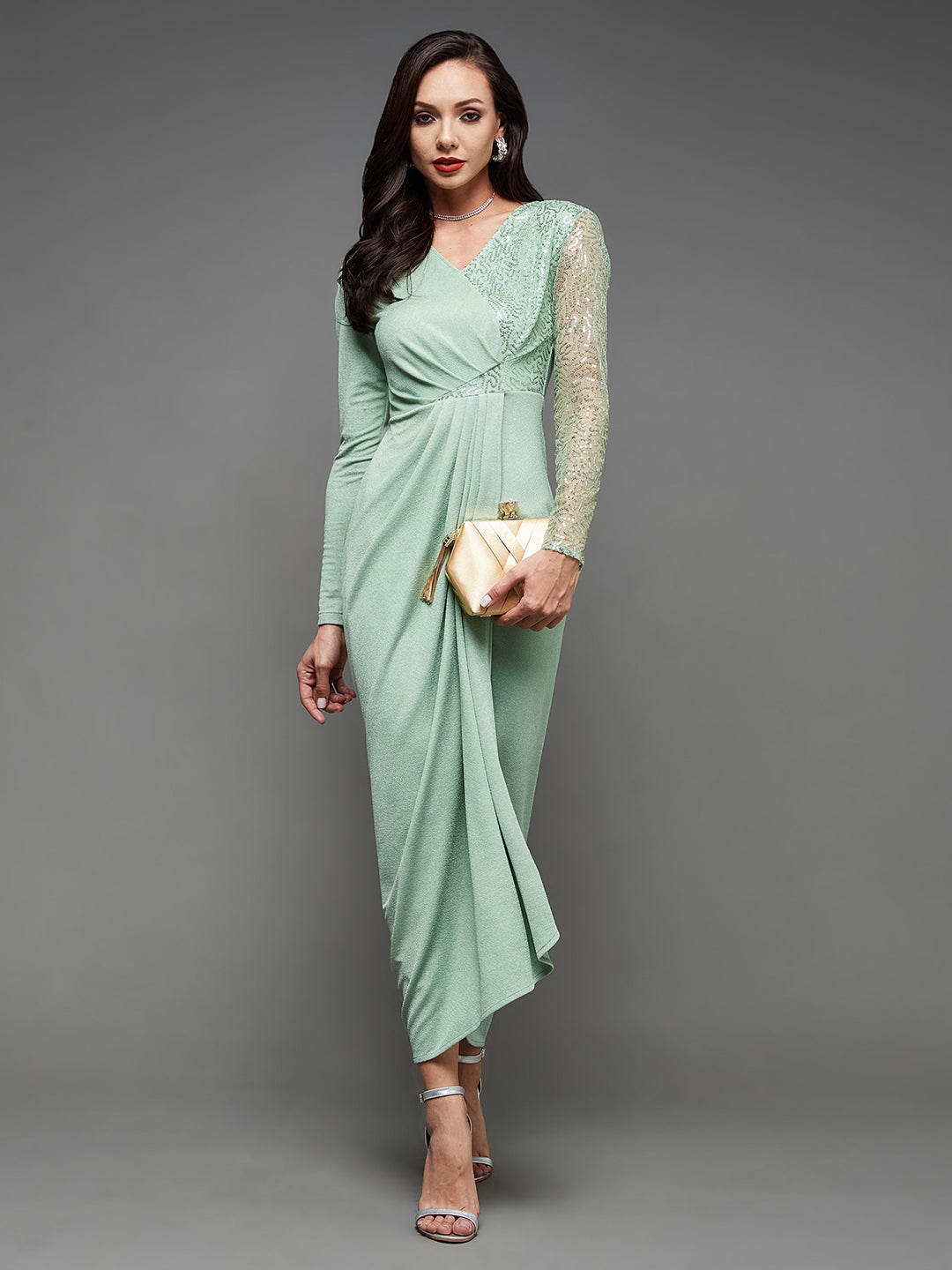 MISS CHASE | Mint Embellished V-Neck Full Sleeve Polyester Pleated Slim Fit Longline Dress