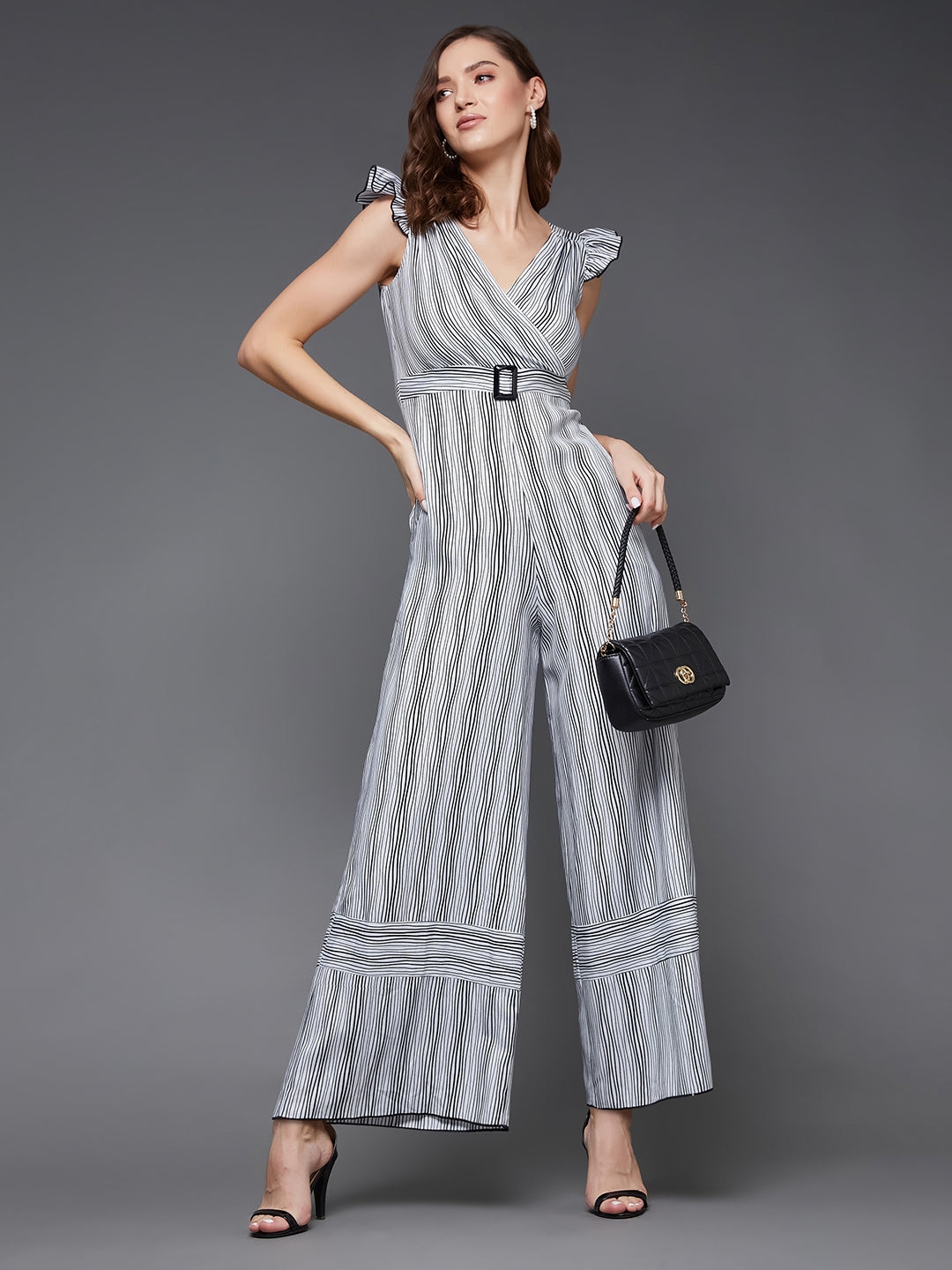 MISS CHASE | Black and White Striped V-Neck Frill Viscose Rayon Wrap Relaxed Fit Regular Jumpsuit