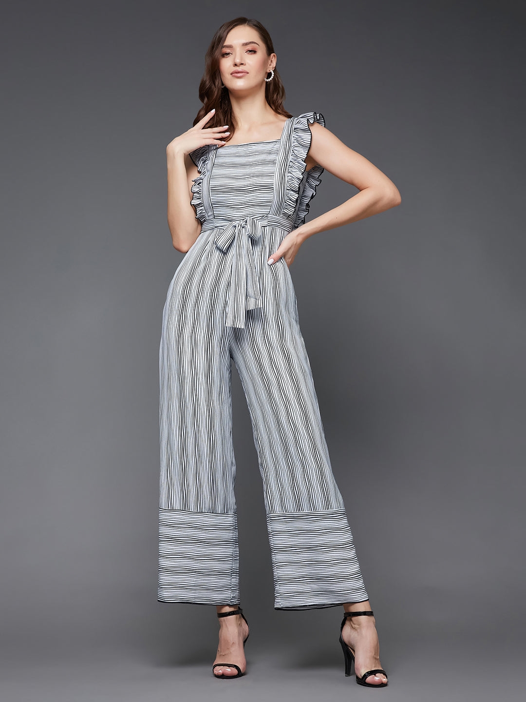 Black and White Striped Square Neck Frilled Crepe Relaxed Fit Tie-Up Regular Jumpsuit