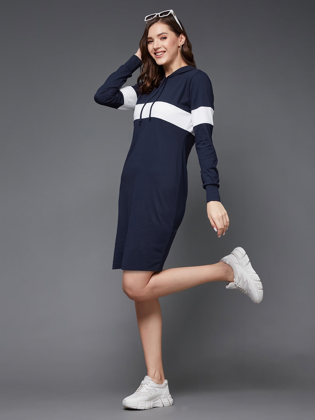 MISS CHASE | Navy Blue and White Round Neck Full Sleeve Solid Knee-Long Hooded Dress