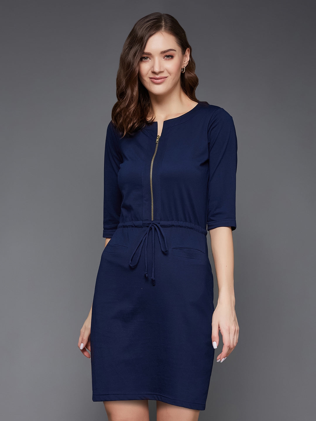MISS CHASE | Navy Blue Round Neck 3/4 Sleeves Cotton Solid Mini Shift Dress