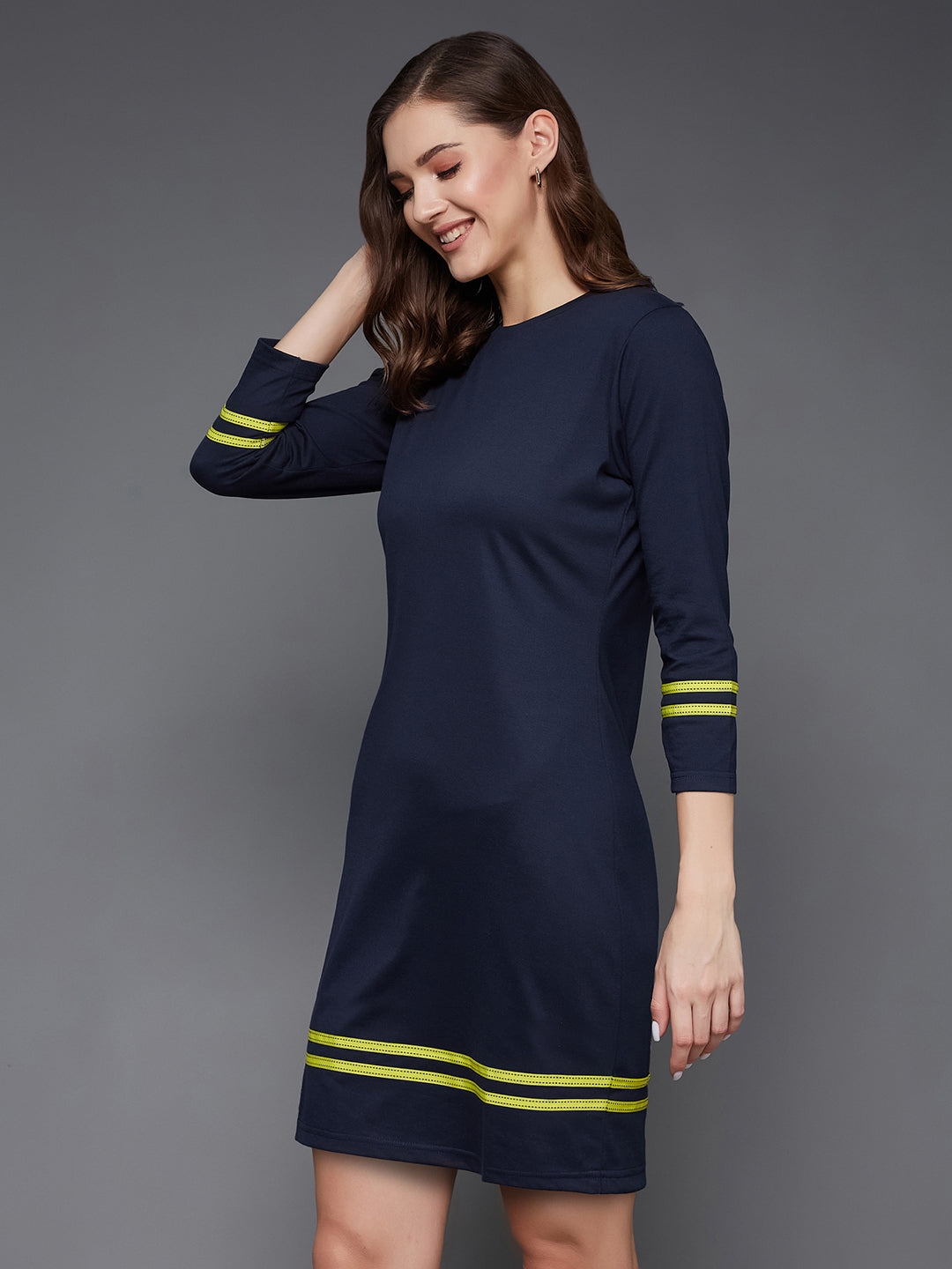 MISS CHASE | Navy Blue Round Neck 3/4 Sleeves Solid Shift Dress