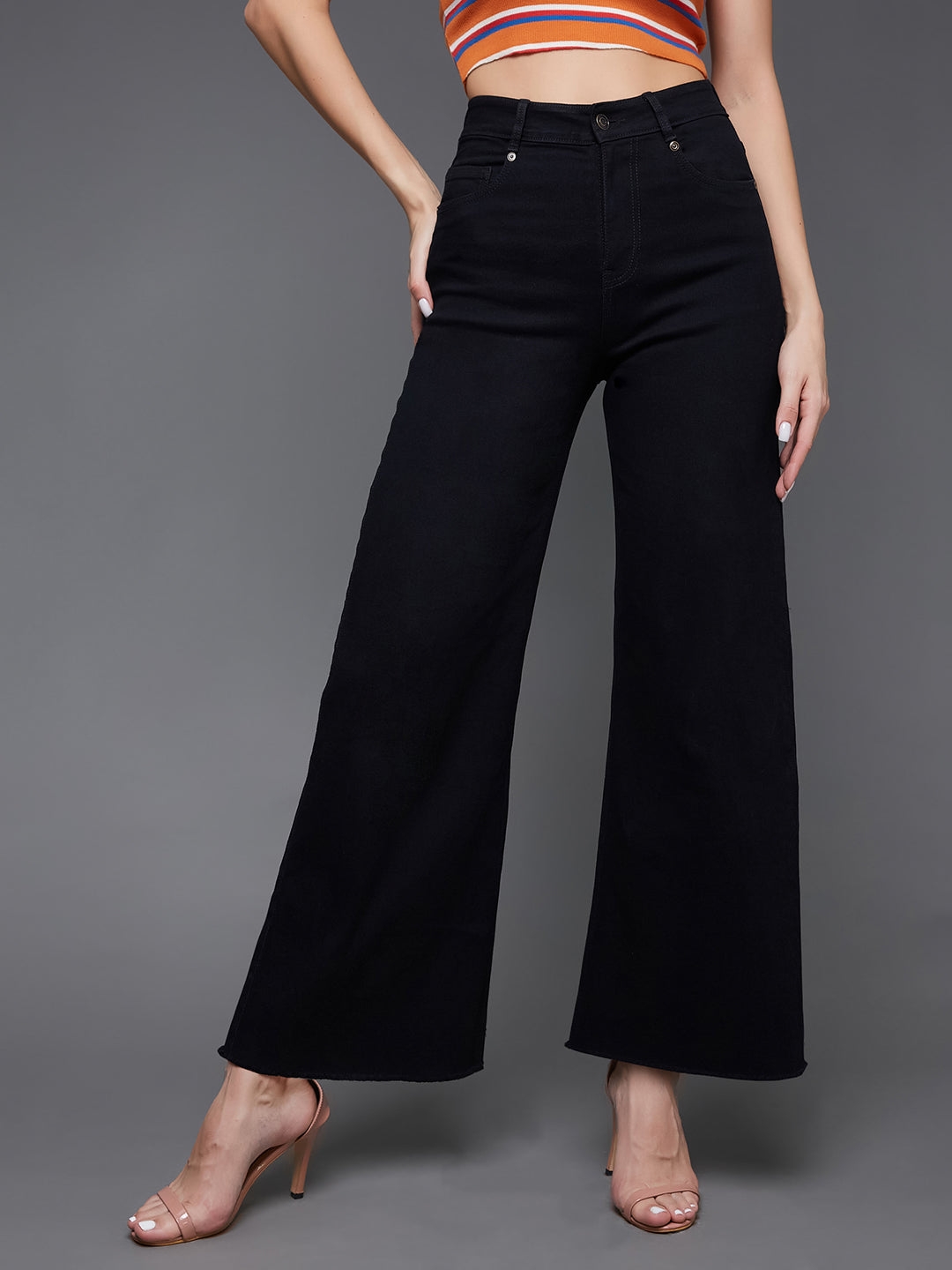 Black High Rise Clean Look Regular-Length Stretchable Wide Leg Denim Jeans