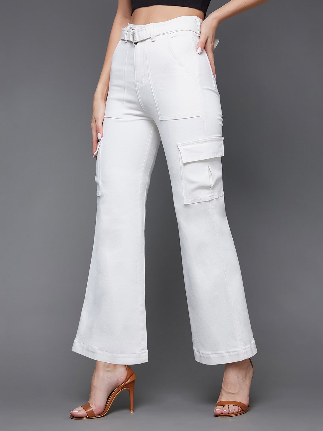 MISS CHASE | White Wide Leg High Rise Clean Look Regular Stretchable Denim Jeans