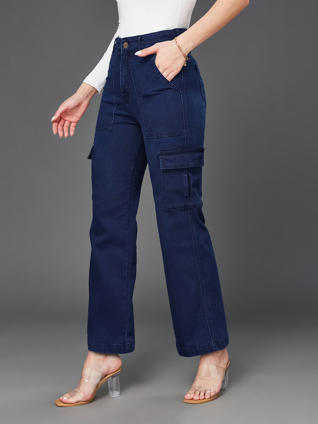 MISS CHASE | Women's Blue Solid Cargos