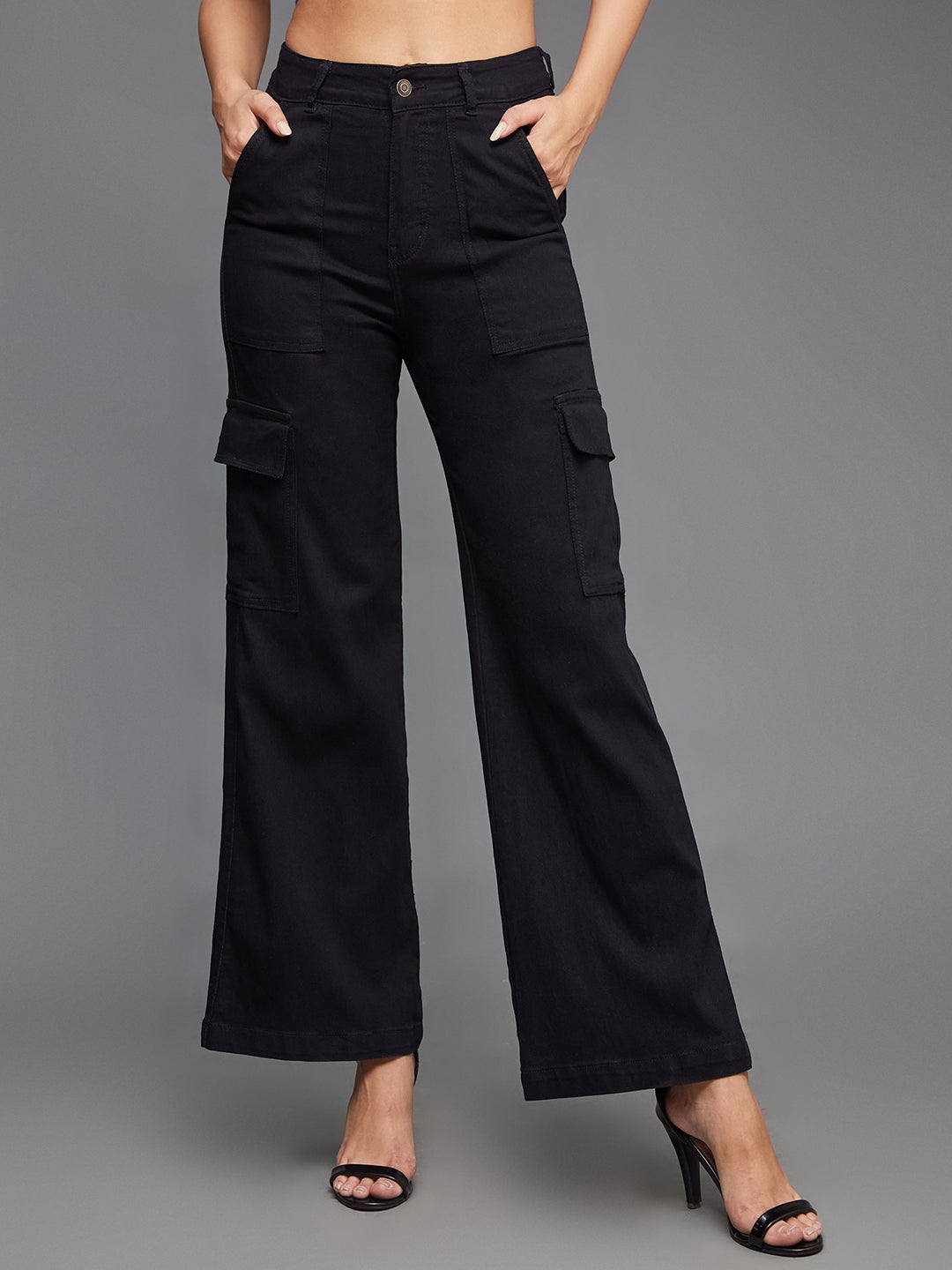 MISS CHASE | Black Wide-Leg High-Rise Clean-Look Regular-Length Stretchable Denim Cargo Jeans