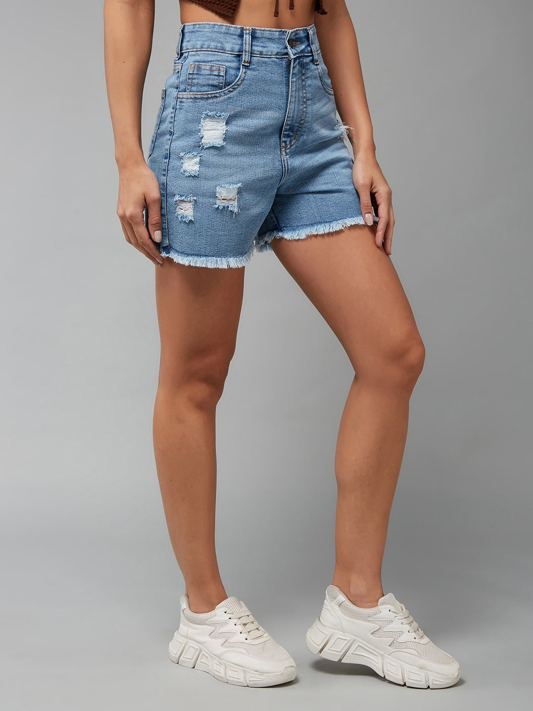 MISS CHASE | Light Blue Relaxed Fit Mid Rise Highly Distressed Regular Denim Shorts