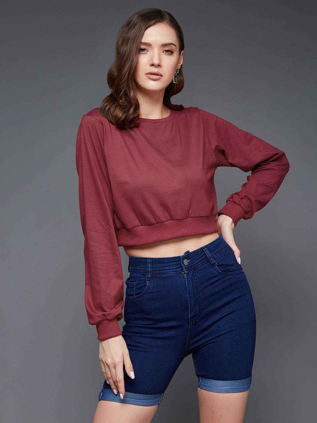 MISS CHASE | Maroon Round Neck Full Sleeves Solid Crop Top