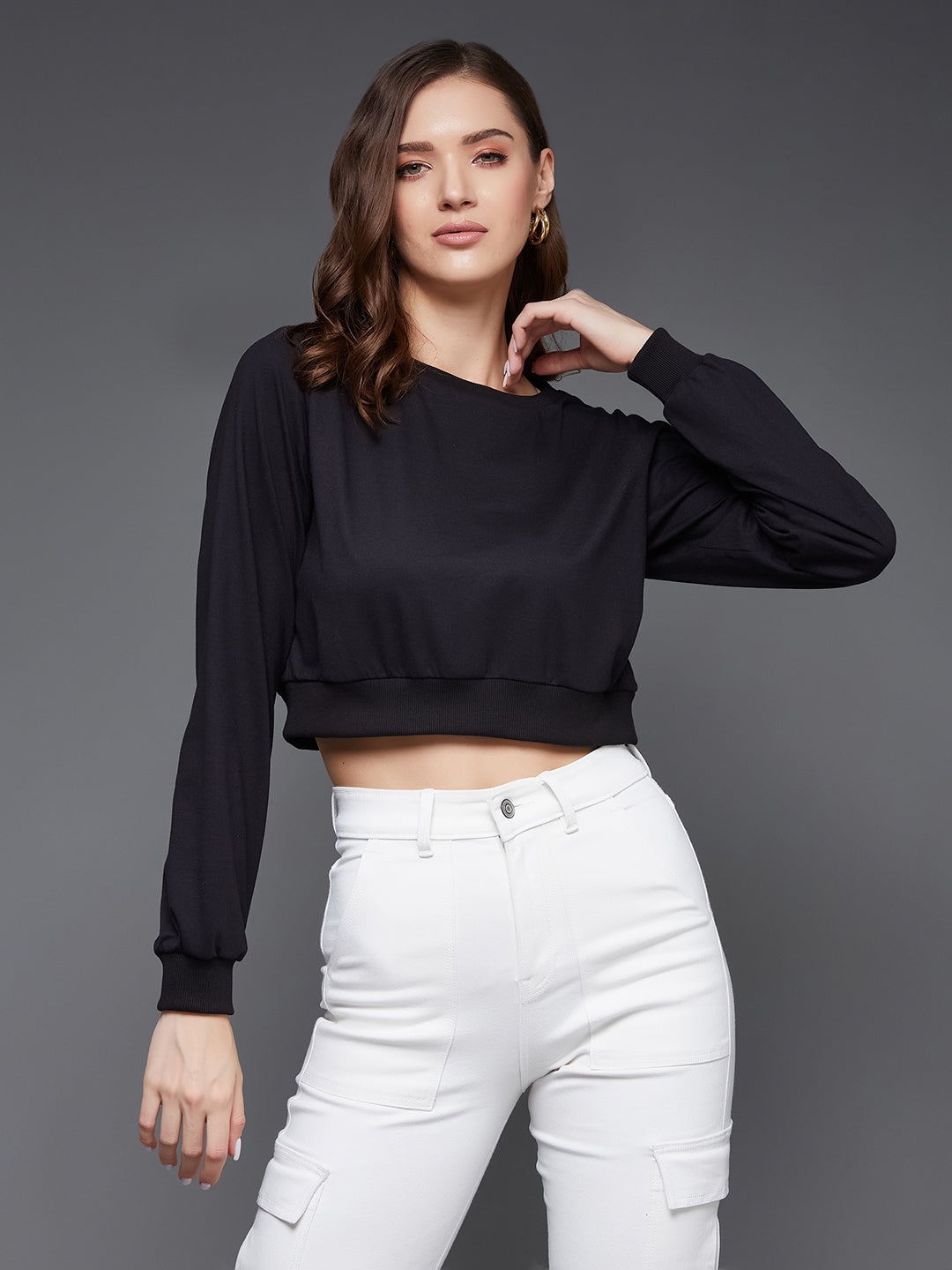 MISS CHASE | Black Round Neck Full Sleeves Oversized Boxy Crop Top