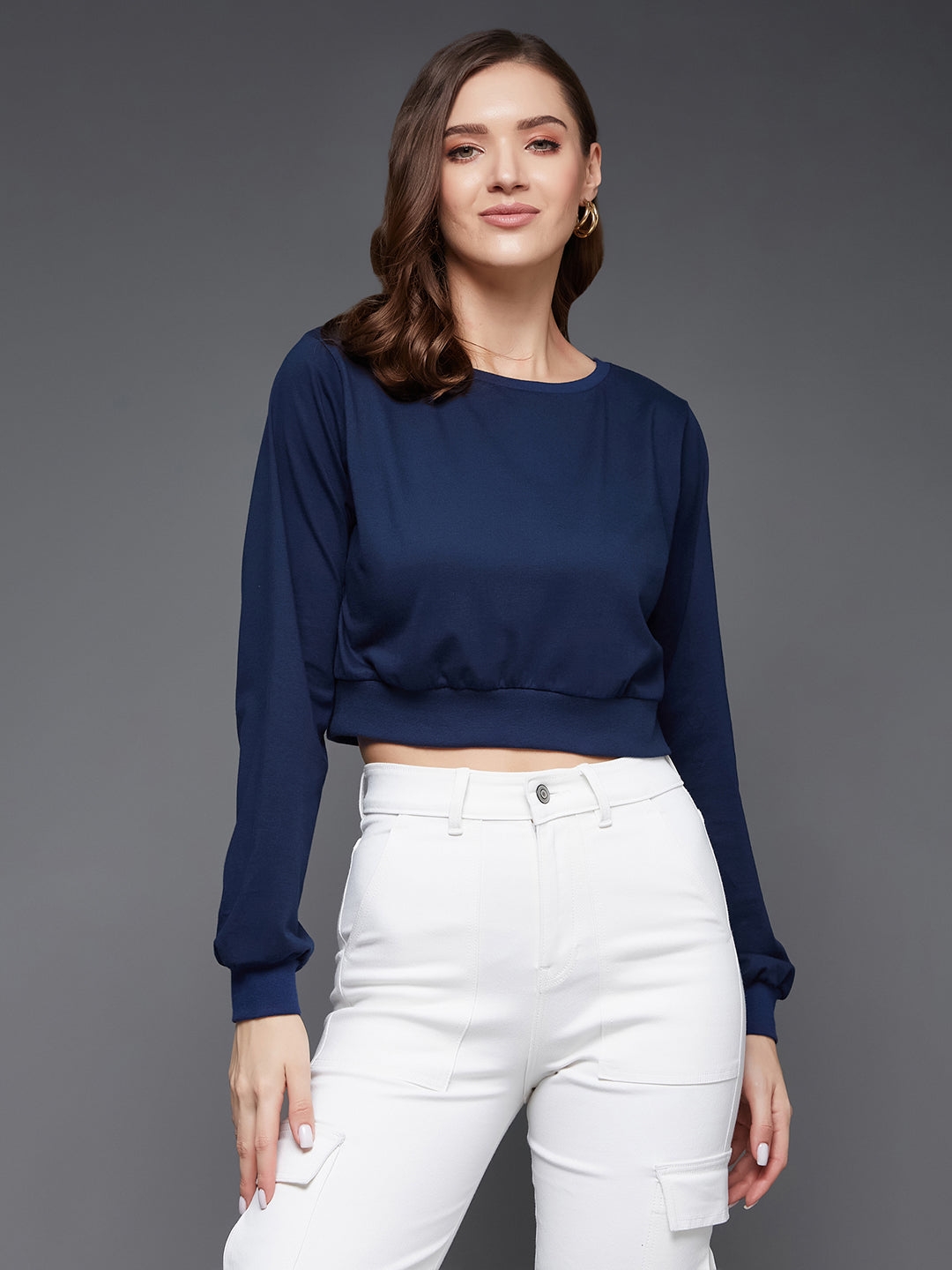 MISS CHASE | Navy Blue Round Neck Full Sleeves Solid Crop Top