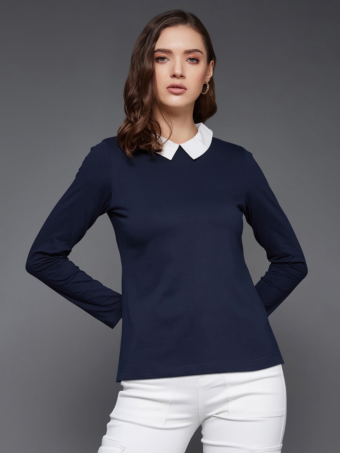 Navy Blue Collared Round Neck Full Sleeve Cotton Solid Buttoned Top