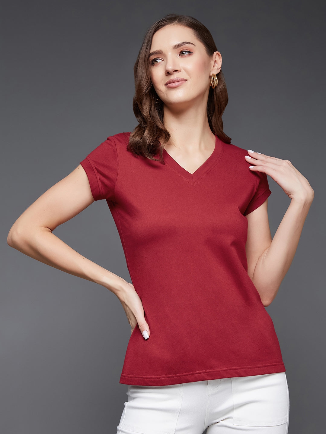 Maroon V-Neck Short Sleeves Cotton Solid Top