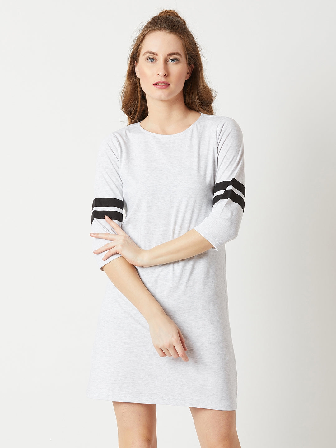 MISS CHASE | Light Grey Round Neck Full Sleeve Cotton Solid Knee-Long Shift Dress