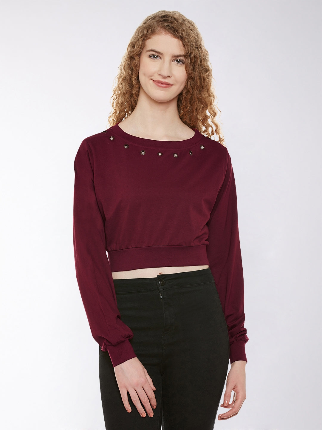 MISS CHASE | Maroon Boat Neck Full sleeve Solid Boxy Crop Top