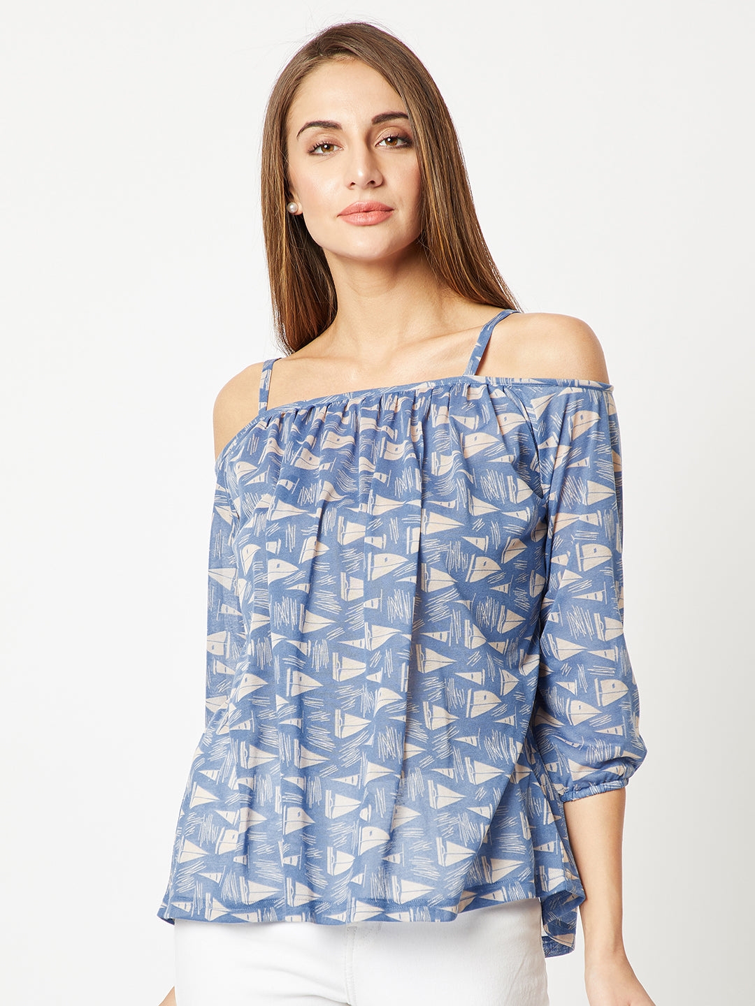 MISS CHASE | Multicolored Square Neck 3/4 Sleeve Printed Gathered Spaghetti Strap Cold Shoulder Top