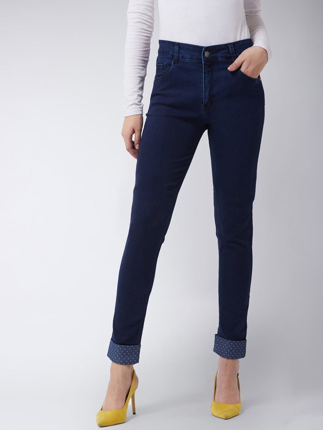 MISS CHASE | Navy Blue Skinny Fit Mid Rise Cropped Printed Turner Detailing Length Denim Stretchable Jeans