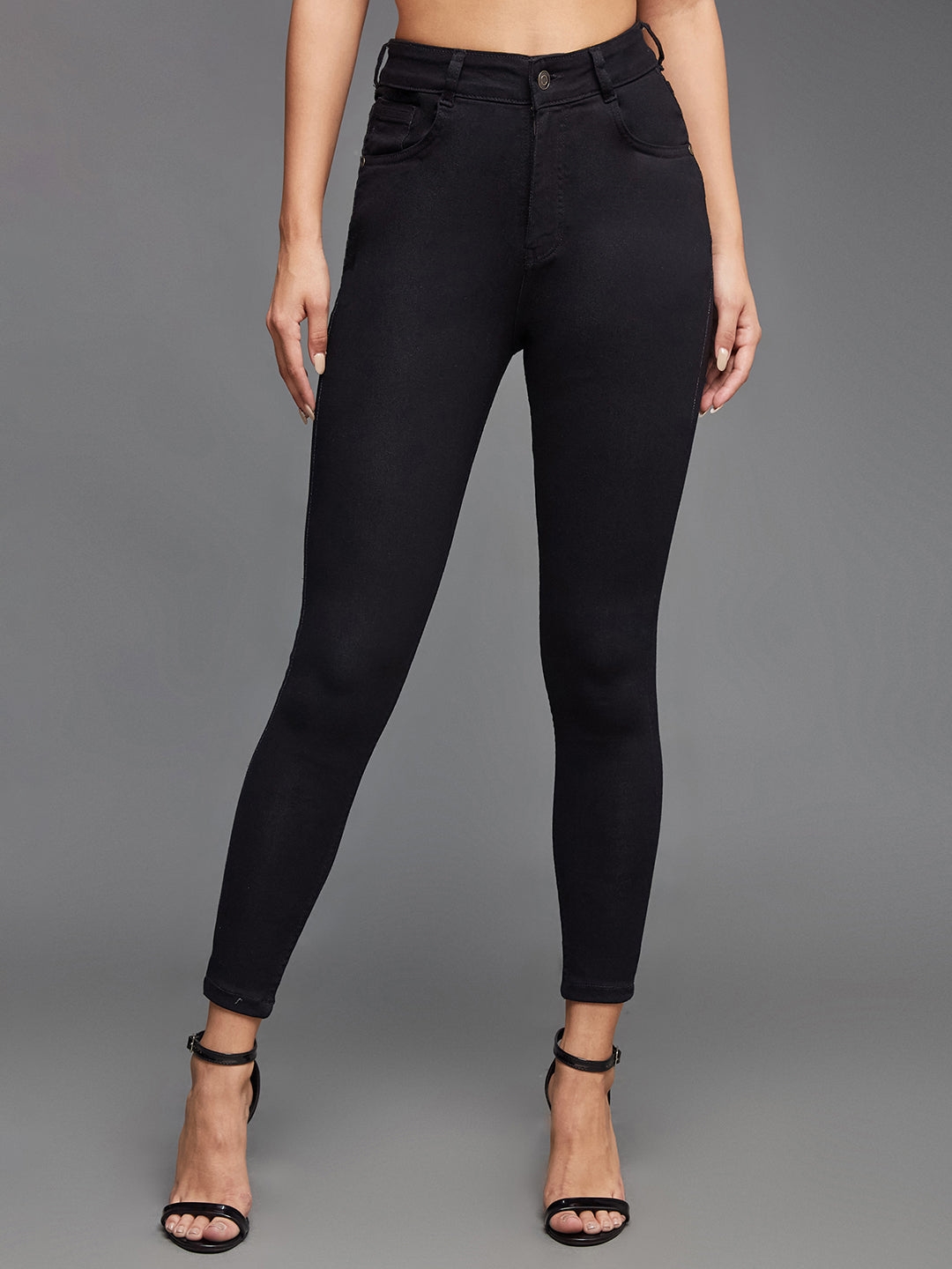 MISS CHASE | Black Skinny Fit High Rise Clean Look Cropped Length Stretchable Denim Jeans