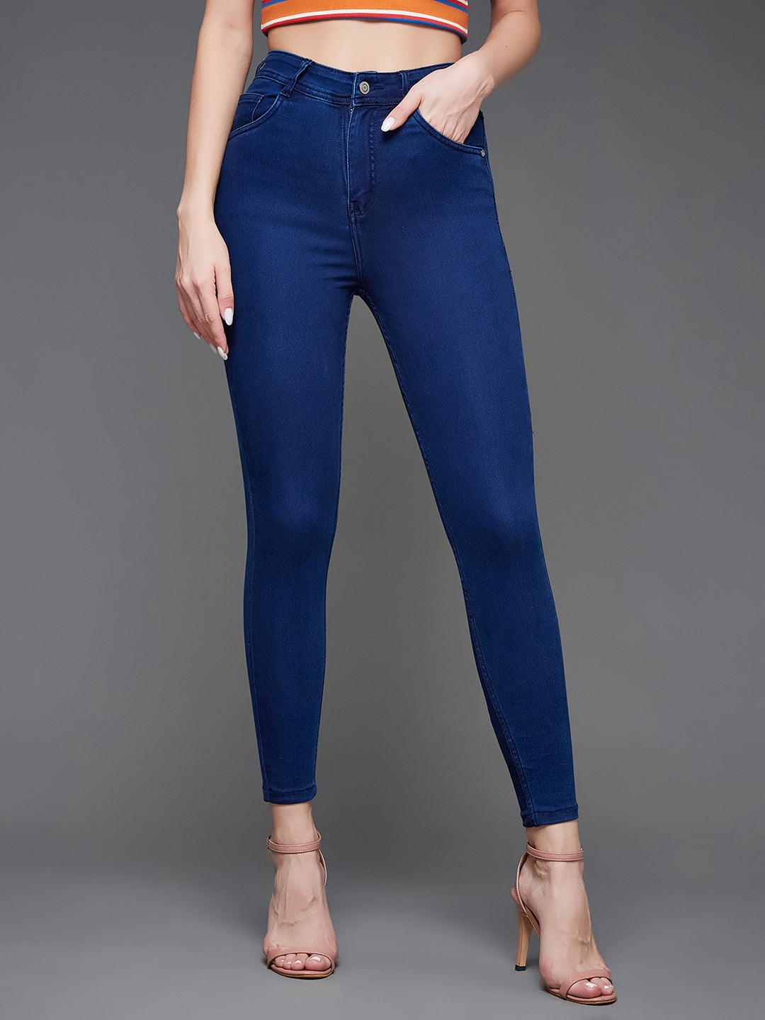 Navy Blue Skinny Fit High Rise Clean Look Cropped Length Stretchable Denim Jeans